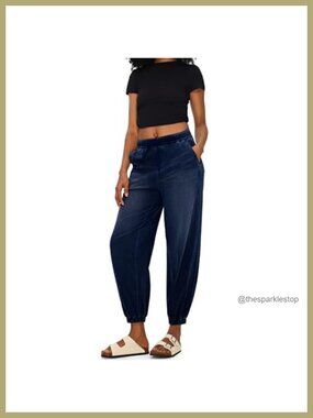 High Waisted Barrel Jeans Elastic Cuffed Hem Stretchy Denim